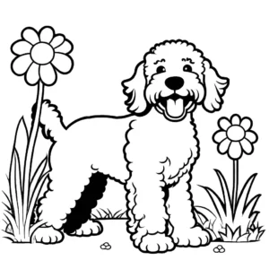 Happy Goldendoodle playing in a garden with a ball, ready to be colored coloring page