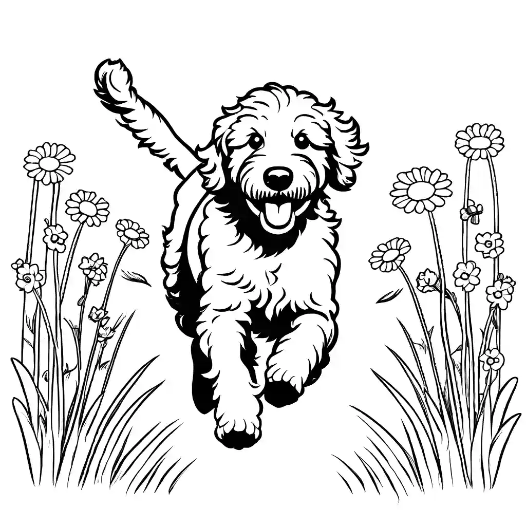 Joyful Goldendoodle running through a field of colorful flowers coloring page