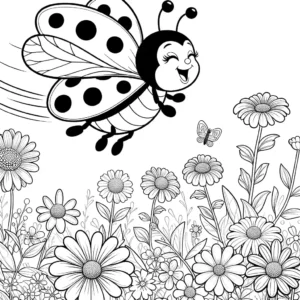 Happy ladybug flying over a field of flowers in a coloring page