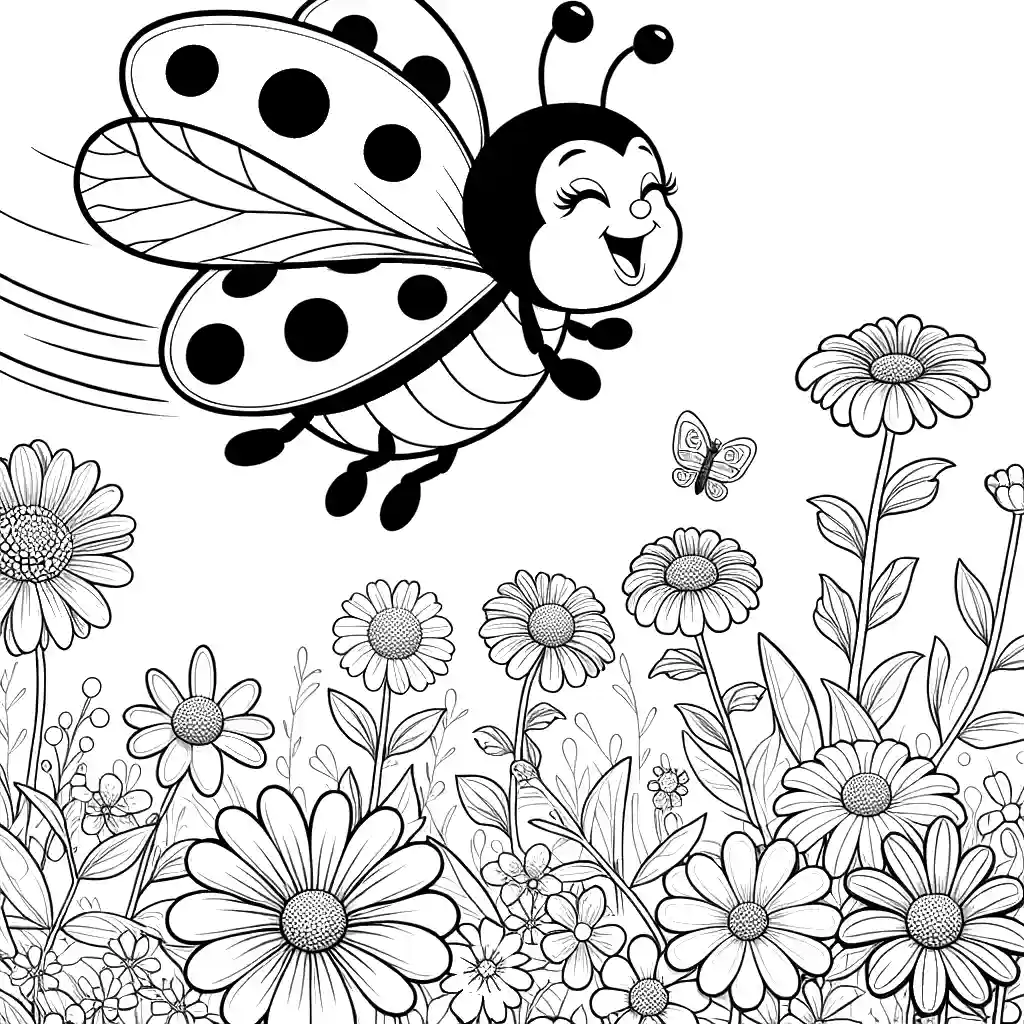 Happy ladybug flying over a field of flowers in a coloring page