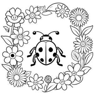 Smiling ladybug surrounded by vibrant flowers and leaves coloring page