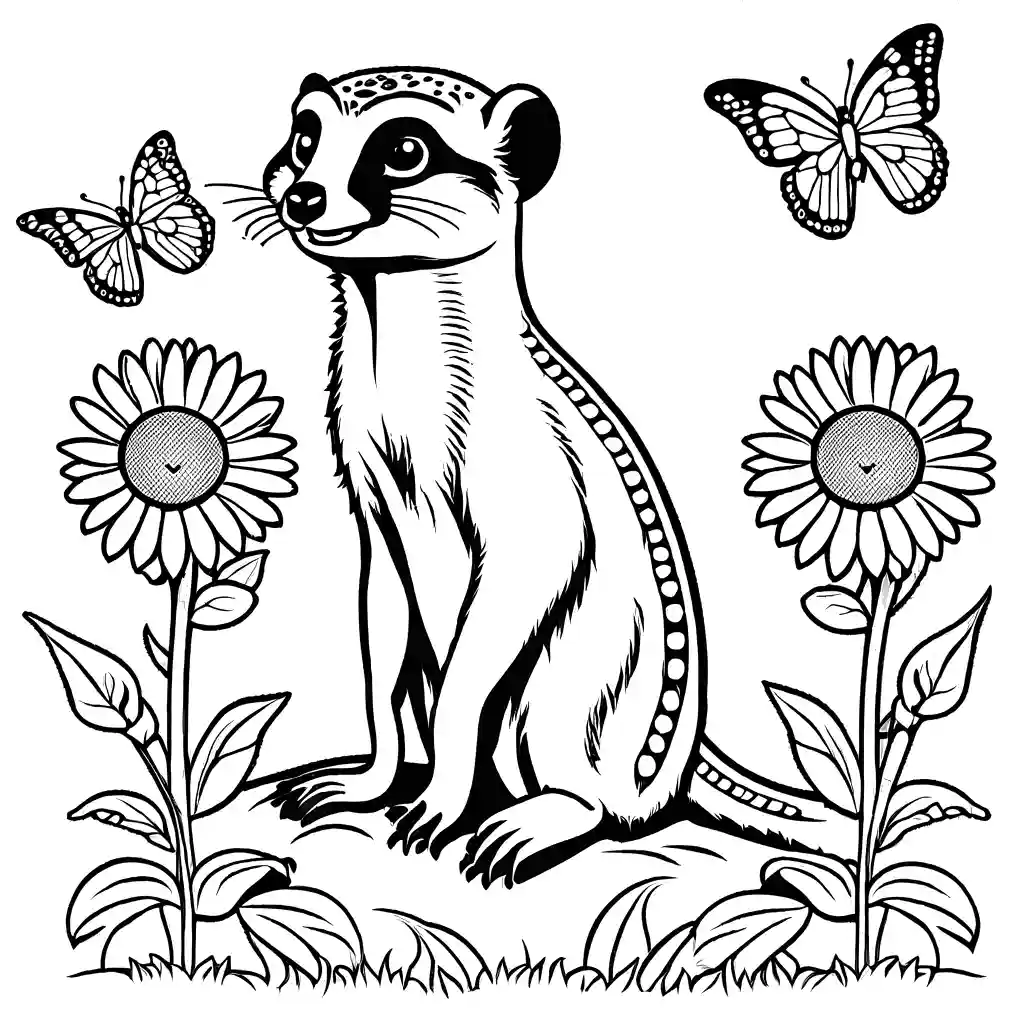 Happy Meerkat surrounded by sunflowers and butterflies coloring page