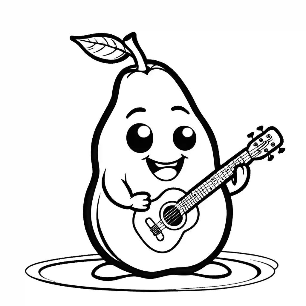 Cheerful illustration of a pear holding a guitar and smiling coloring page