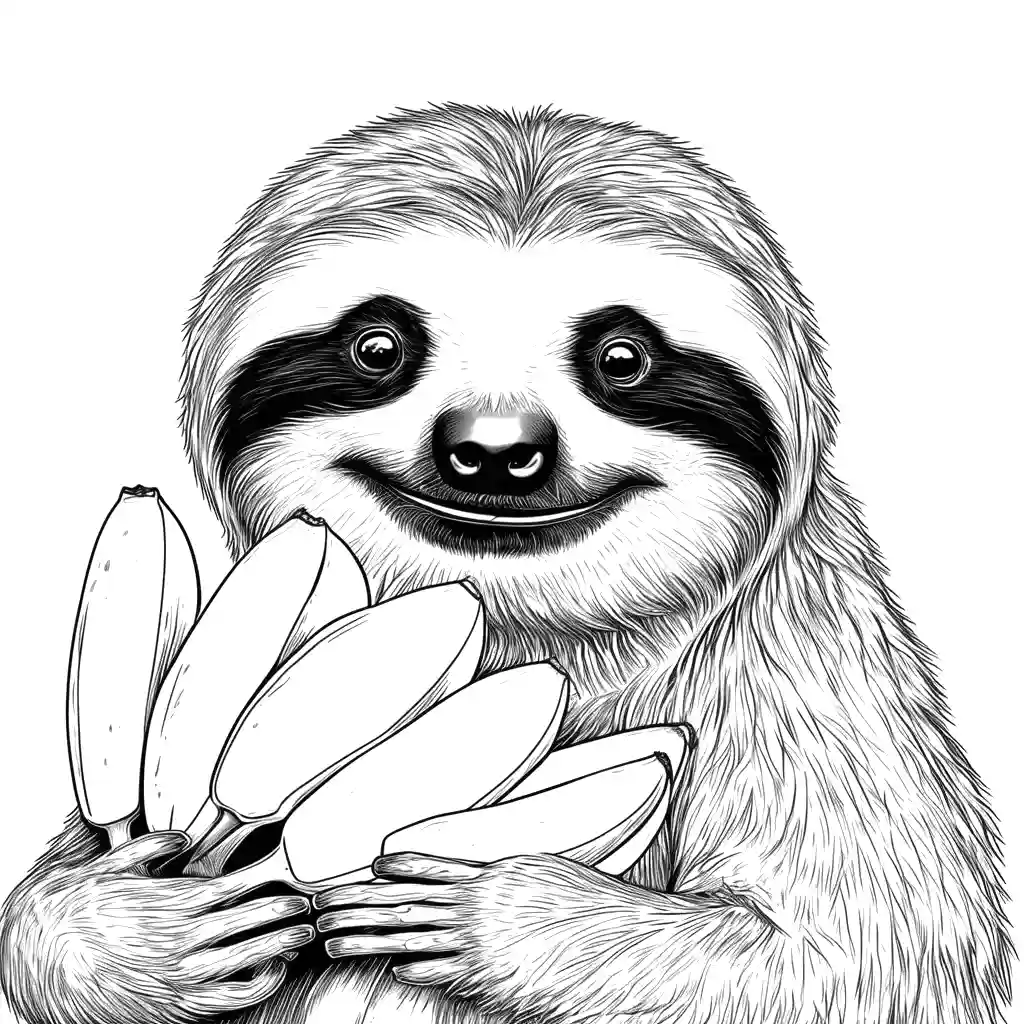 Smiling sloth coloring page with bananas coloring page