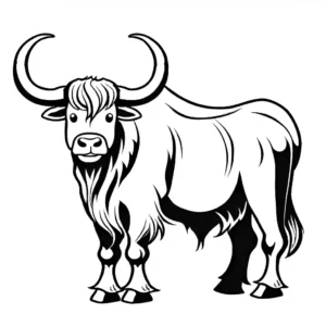 Coloring page featuring a happy Yak with large horns standing. coloring page