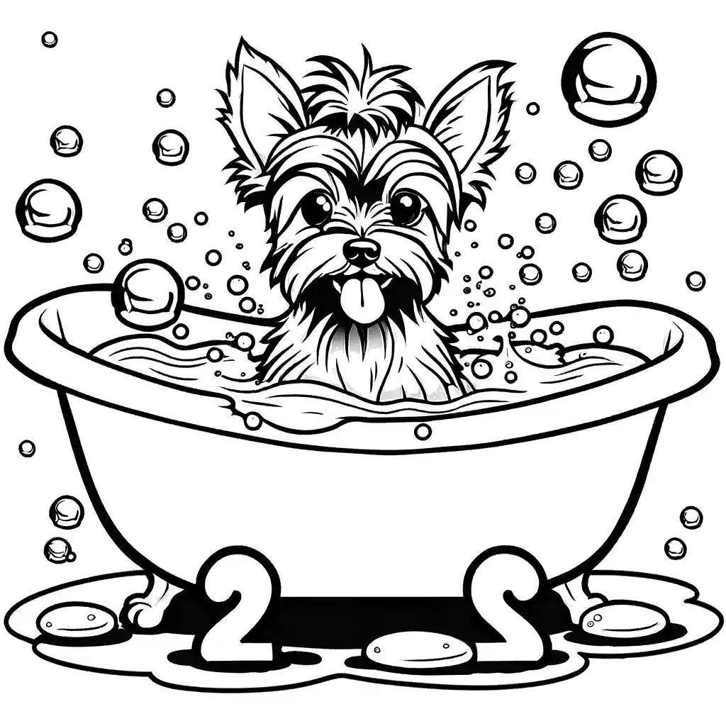 Yorkshire Terrier getting a bath with bubbles and a rubber duck toy coloring page