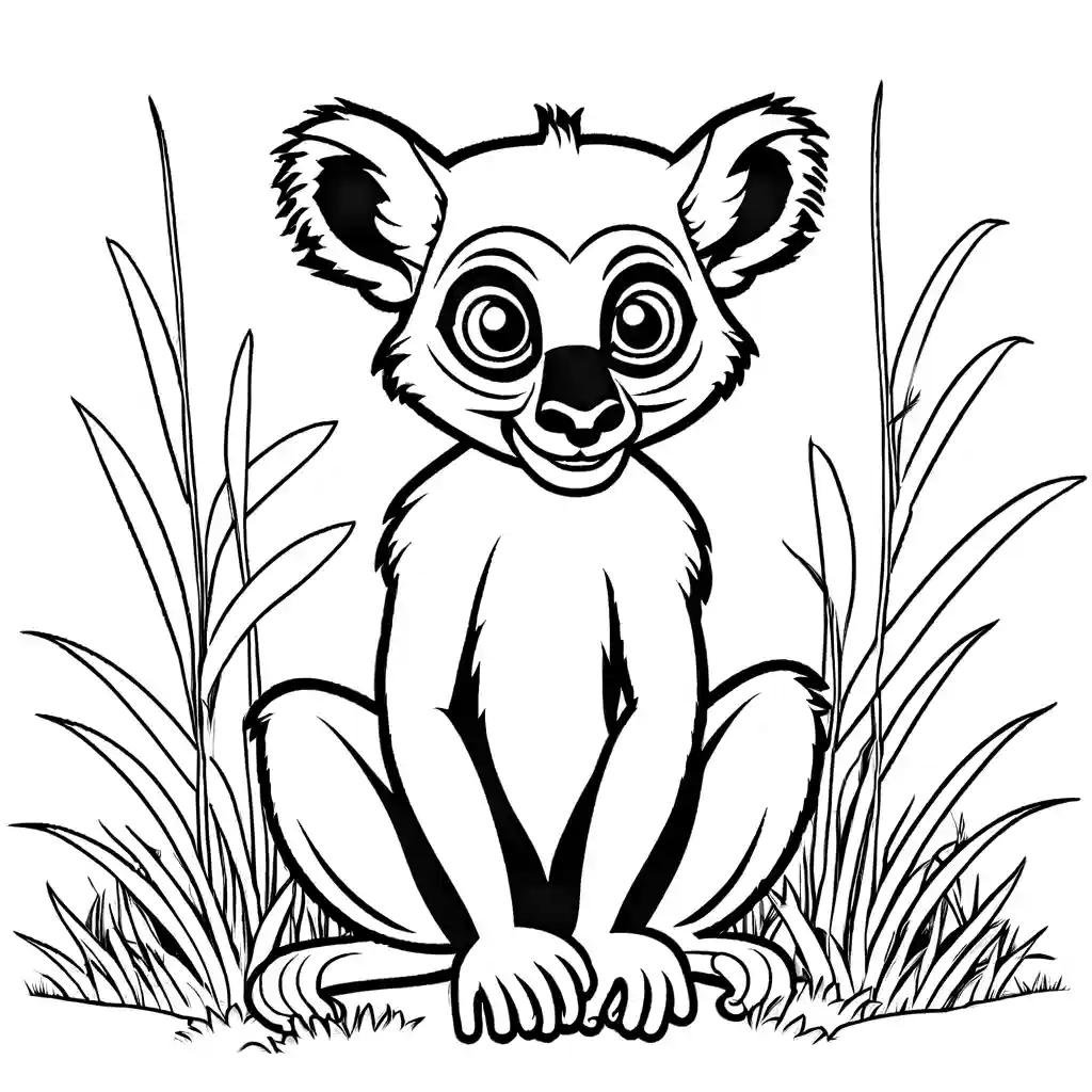 Lemur coloring page with mischievous expression playing in grass coloring page