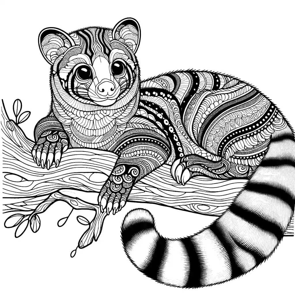 Detailed sketch of a civet with intricate fur patterns, sitting on a tree branch coloring page