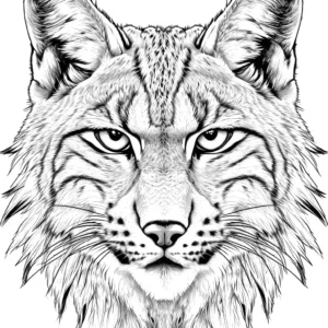 Lynx head coloring page with intricate patterns and intense gaze coloring page