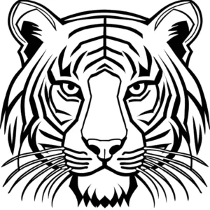 Detailed line drawing of tiger face with intricate fur patterns coloring page