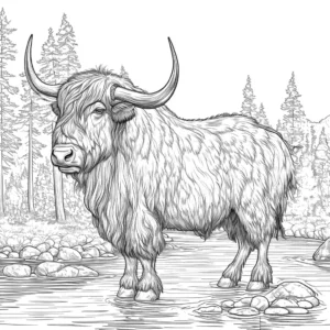 Line art of a Yak with detailed fur patterns, standing near a river and trees, designed for adult coloring. coloring page
