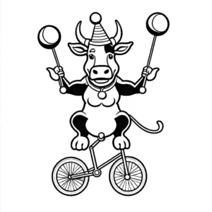 Bull juggling colorful balls, riding Bicycling, wearing jester's hat coloring page