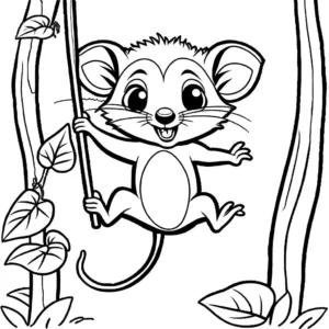 Adorable opossum having fun swinging on a vine in the jungle coloring page