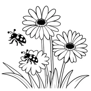 Several red and black ladybugs crawling on a yellow and white daisy flower coloring page