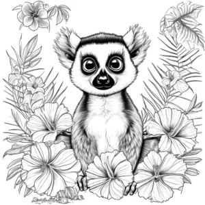 Lemur surrounded by exotic flowers and lush green leaves in a vibrant and colorful environment coloring page
