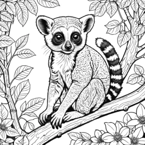 Lemur coloring page with tree branch, leaves, and flowers coloring page