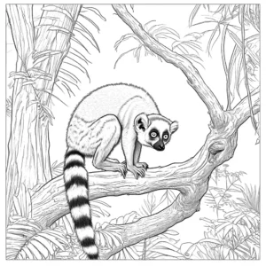Lemur standing on a tree branch in the lush jungle environment coloring page