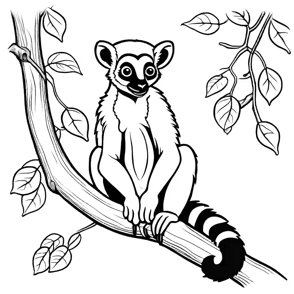 Lemur coloring page with a cute lemur sitting on a tree branch surrounded by leaves coloring page