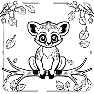 Lemur coloring page with tree branch and flowers coloring page