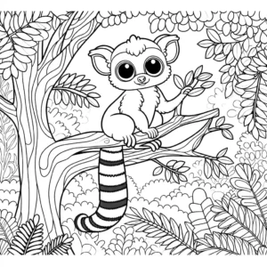 Lemur coloring page with the lemur sitting on a tree branch in the jungle coloring page