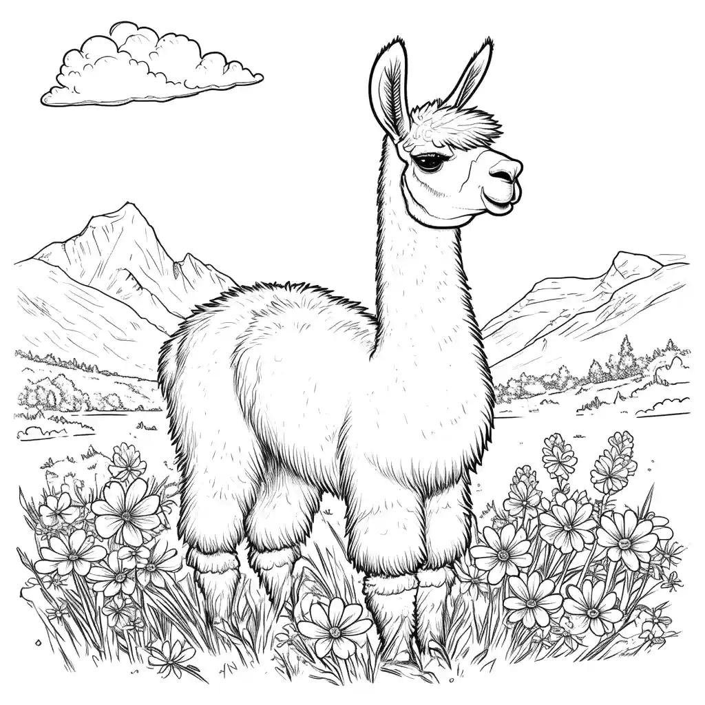 Llama coloring page with flowers and mountains in the background coloring page