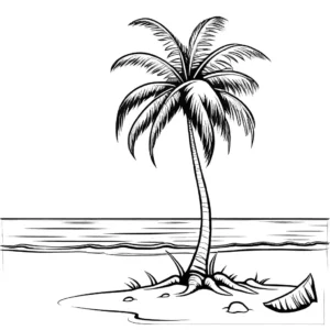 Coconut tree coloring page on tropical beach with clear sky coloring page