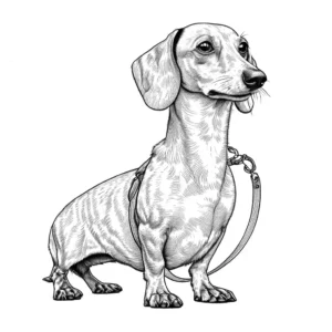 Dachshund with a long body standing on a leash ready for a walk coloring page
