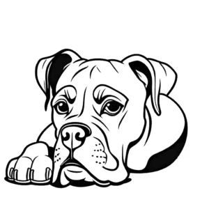 Simple line art of loyal Boxer Dog lying down and looking up coloring page