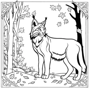 Enchanting scene of Lynx in autumn forest coloring page