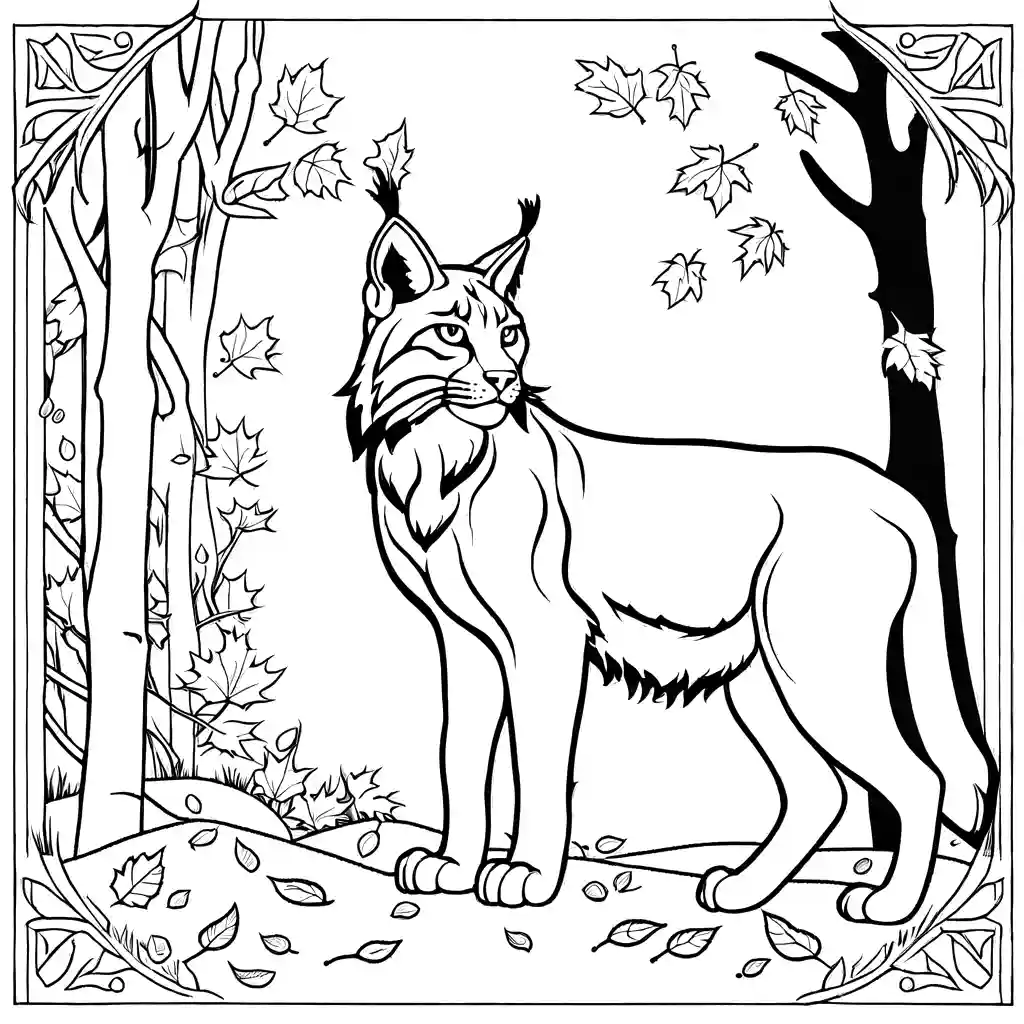 Enchanting scene of Lynx in autumn forest coloring page