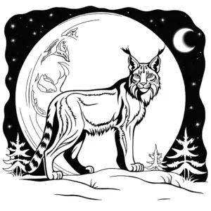 Artistic Lynx silhouette against full moon coloring page