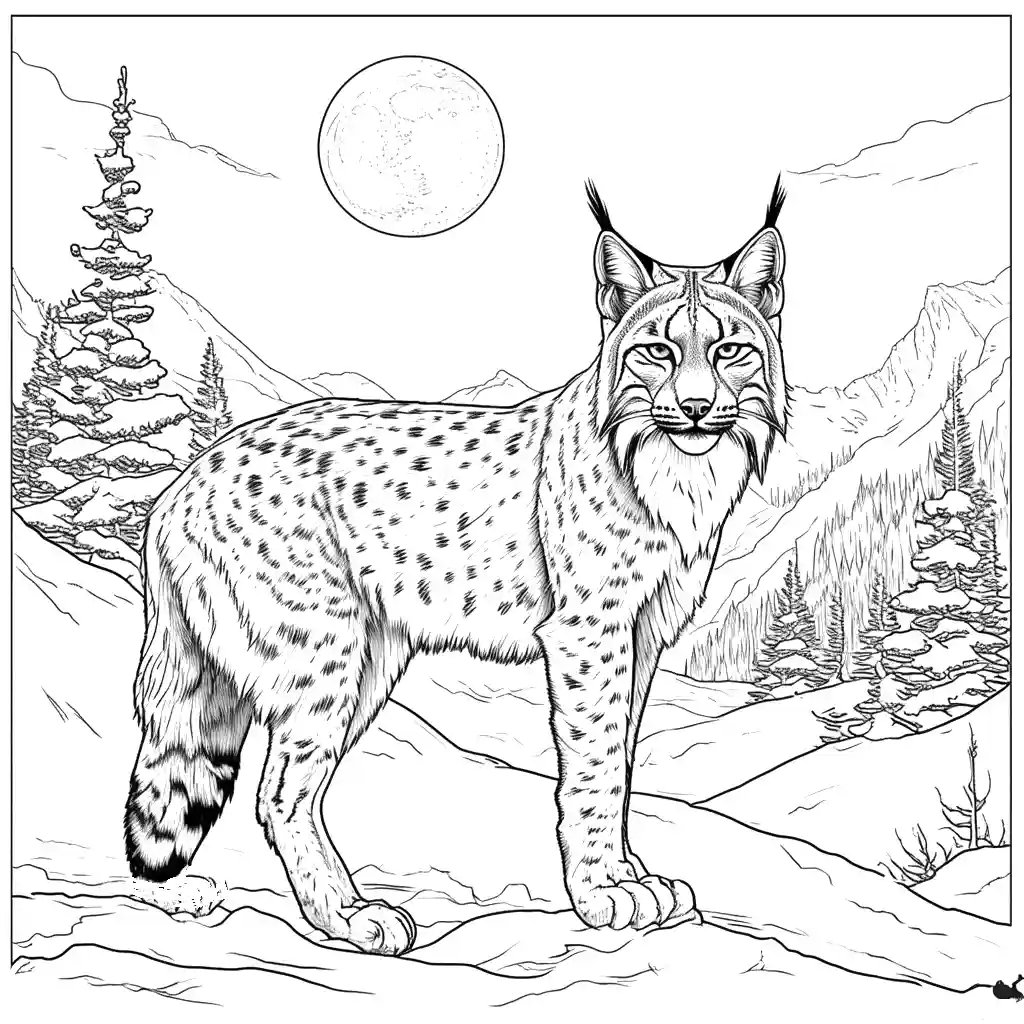 Outline of Lynx in snowy landscape with mountains and full moon for coloring page