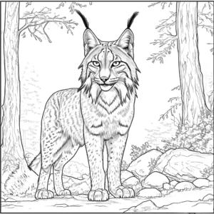 Lynx standing in the forest line art drawing for coloring page