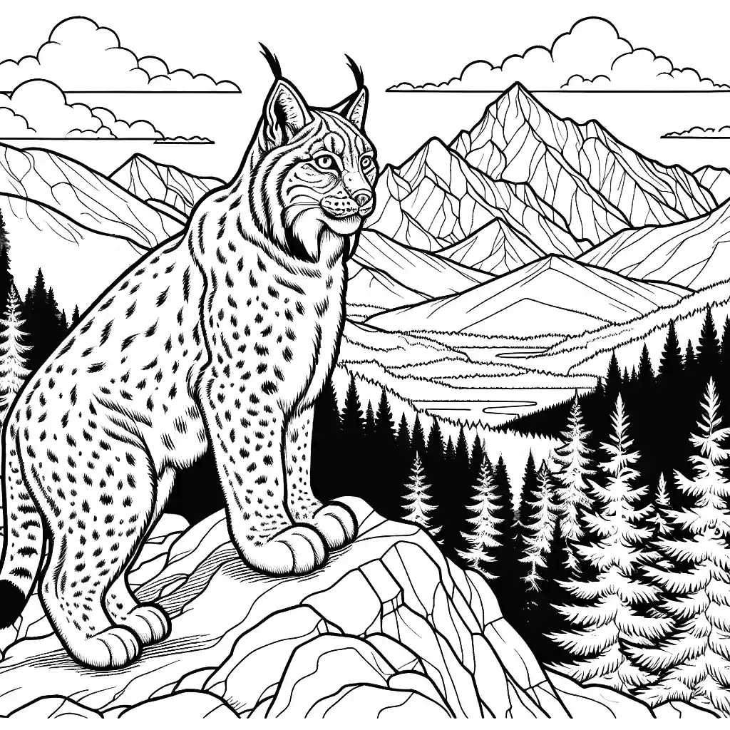 Lynx standing on rocky mountain ridge with snow-capped peaks in distance coloring page