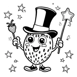 Coloring page of a funny strawberry dressed as a magician with a top hat and wand performing a magic trick coloring page