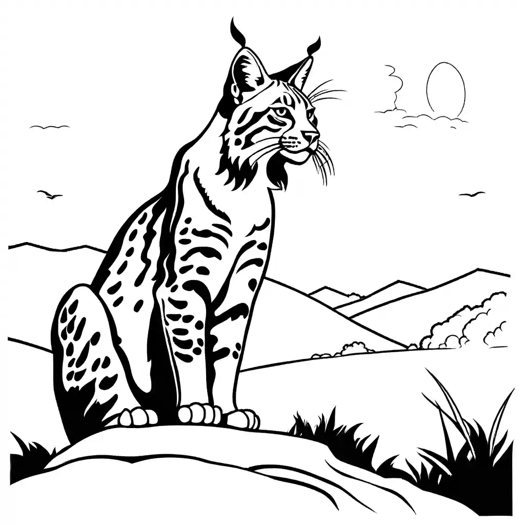 Majestic bobcat posing on hilltop with sunset in the background coloring page
