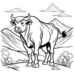 Bull with a majestic presence in a mountainous landscape coloring page