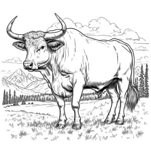 Majestic bull coloring page with mountains in the background coloring page