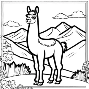 Regal llama posing with grand mountain landscape in the background coloring page