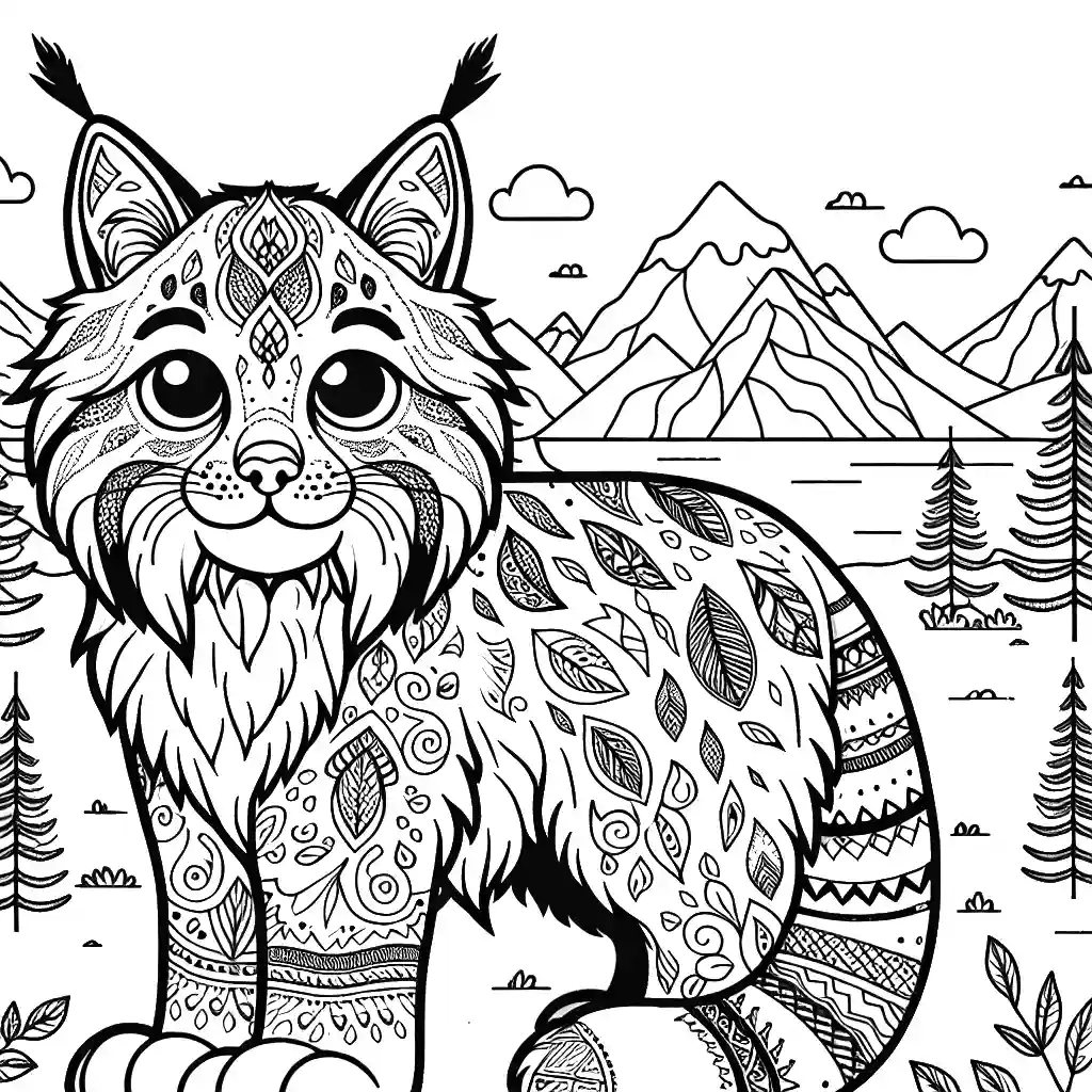 Majestic lynx surrounded by forest scenery and mountain backdrop coloring page