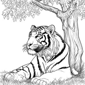 Majestic tiger laying under tree, printable tiger coloring page