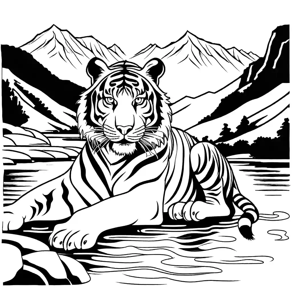 Tiger coloring page with river and mountain scenery coloring page