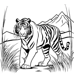 Majestic tiger walking in grassland coloring page with mountain backdrop coloring page
