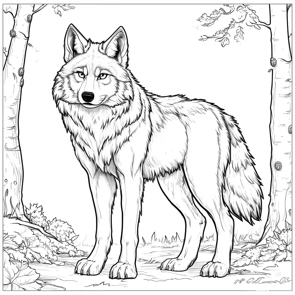 Majestic wolf standing in a forest clearing - coloring page