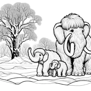Mammoth family standing in snow with trees in the background coloring page