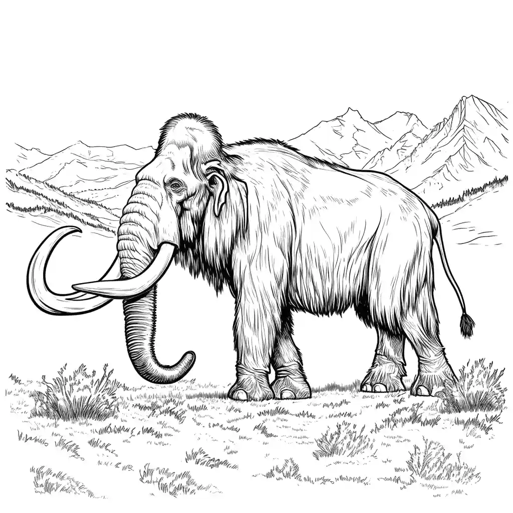 Mammoth coloring page in grassy field with mountains scenery coloring page
