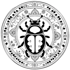 Beautiful mandala-style ladybug surrounded by intricate patterns and designs coloring page