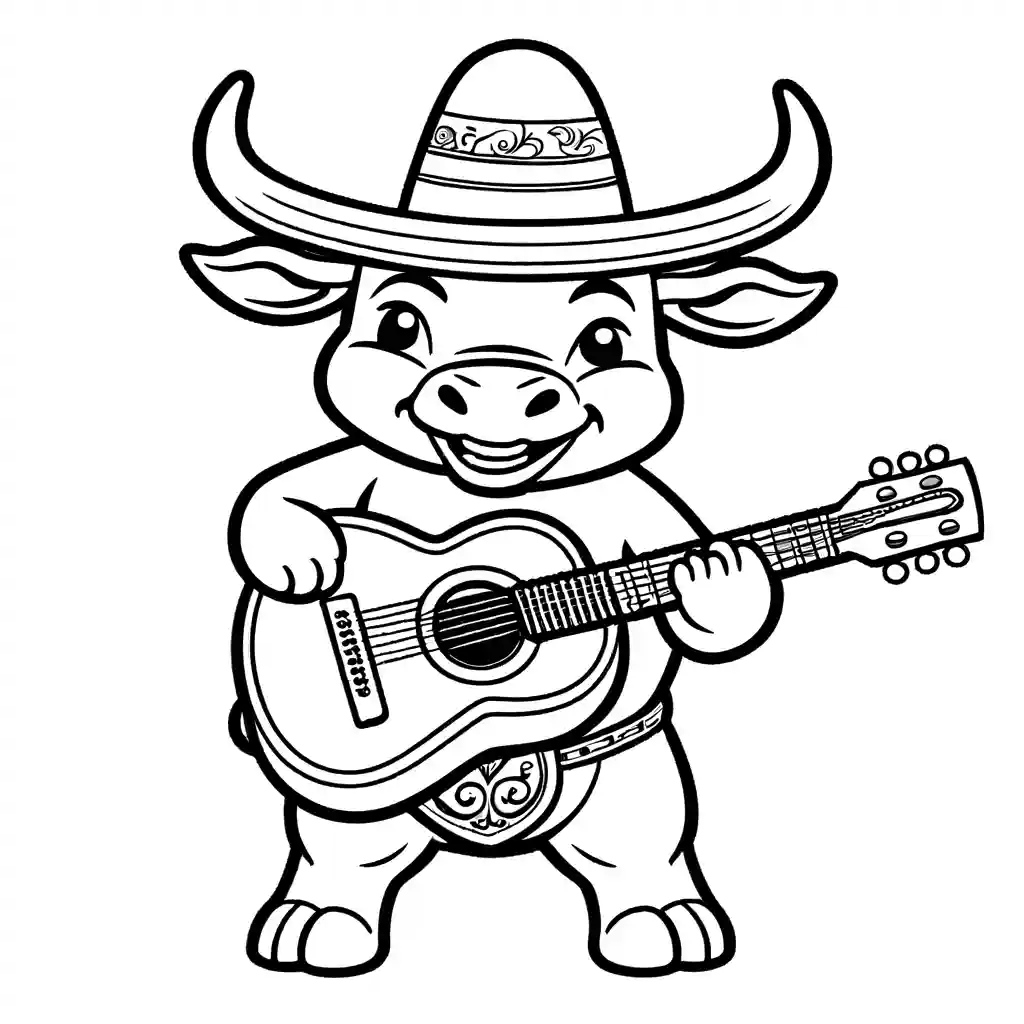Bull wearing sombrero, playing mariachi guitar with big smile coloring page