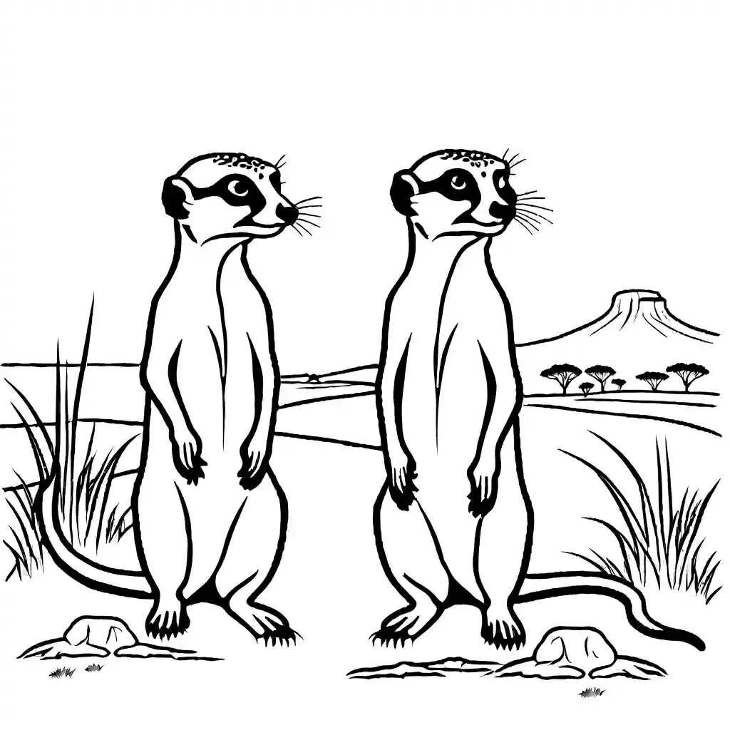 Pair of Meerkats standing side by side in savanna coloring page
