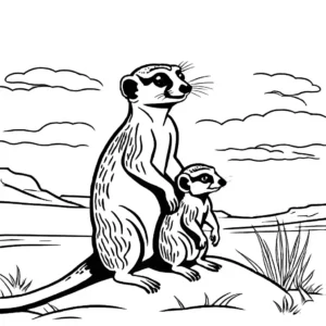 Meerkat carrying baby on back coloring page at sunset coloring page